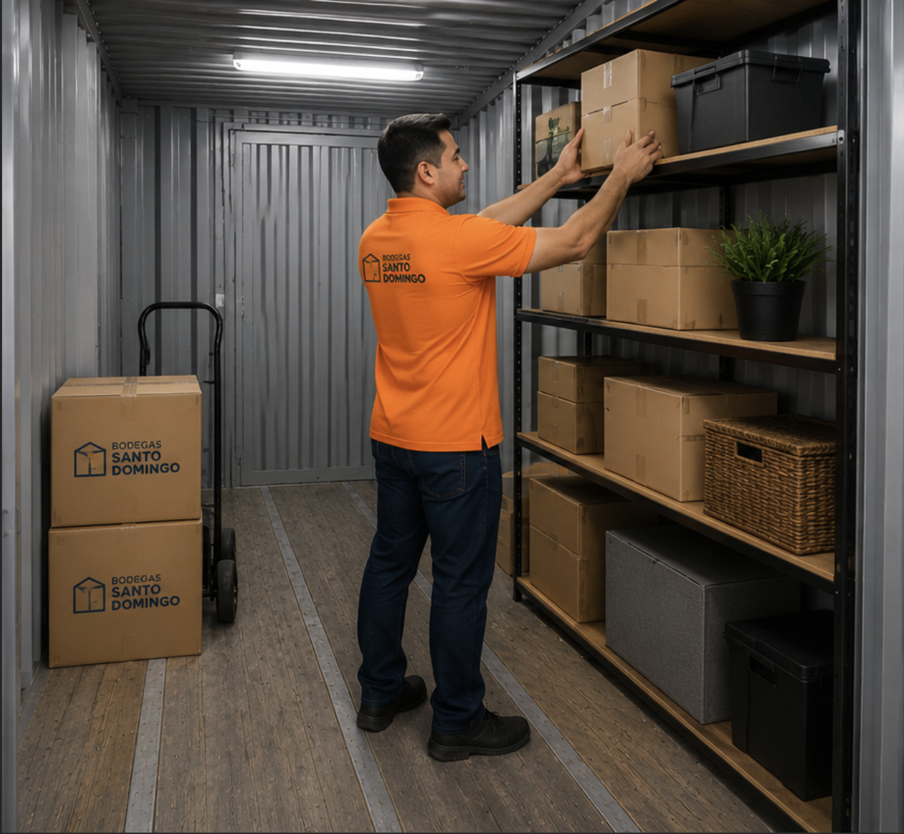 Persona ordenando cajas en bodega